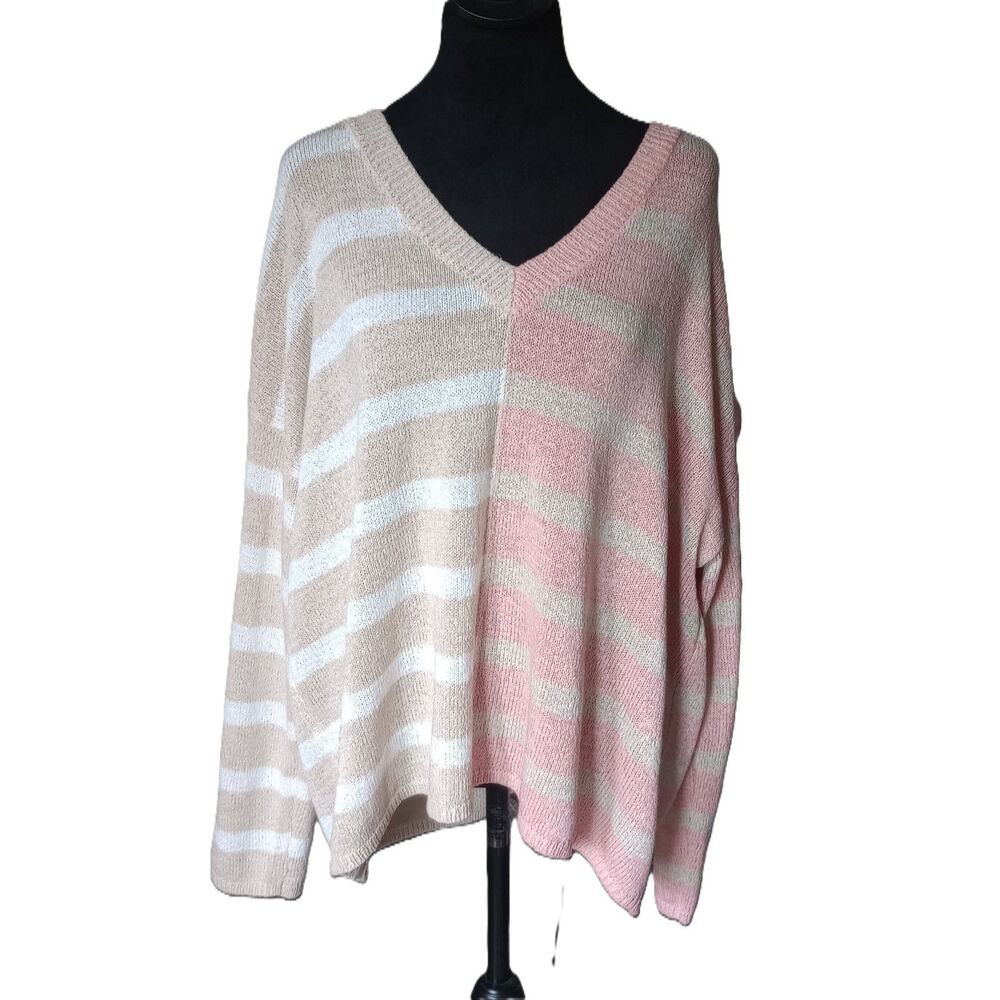 Torrid Women's 1 (XL) Ashton Striped V-Neck Sweater Pink/Tan Half/Half Design